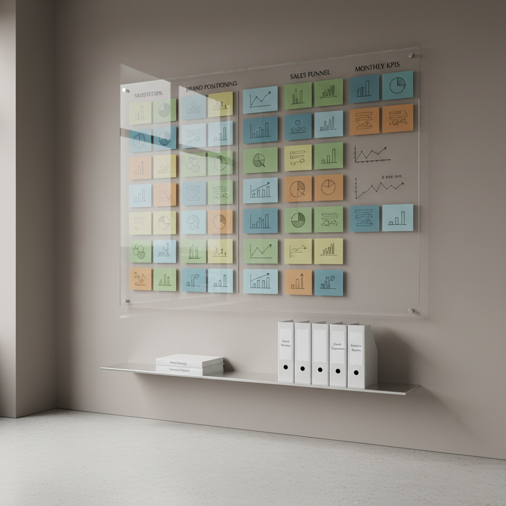 Tablero de cristal con esquemas de estrategia de marca, experimentos de growth y reportes de analytics en un espacio de trabajo contemporáneo.