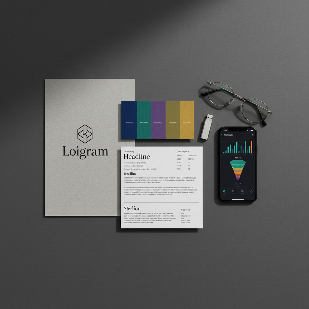 Guías de marca impresas, paletas de color y gráficos de crecimiento organizados sobre una superficie oscura y minimalista, junto a un smartphone con panel de analítica.