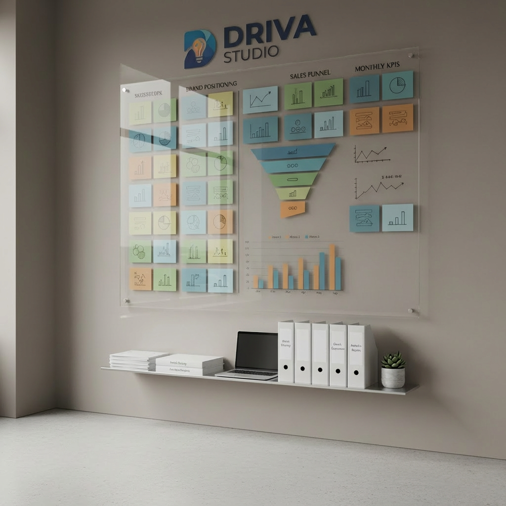 A large wall-mounted glass board in a modern studio, filled with neatly arranged sticky-note-sized rectangles represented as elegant translucent shapes: some contain sketched logos, others simplified charts, arrows, and concise labels for brand positioning, funnels, and KPIs. Below, a slim floating shelf holds stacked white folders labeled "Brand Strategy", "Growth Experiments", and "Analytics Reports" in minimalist black lettering. Neutral-toned walls and a polished concrete floor frame the scene. Soft, indirect daylight from a hidden side window creates a clean, even glow, with gentle reflections on the glass board. Photographic realism, slightly angled perspective using the rule of thirds, conveying structured thinking, experimentation, and a methodical approach to growing brands.